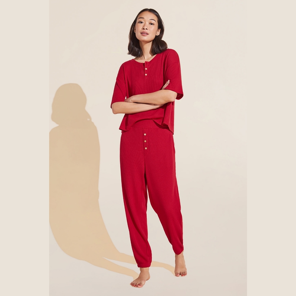 Eberjey Cozy Waffle Short Sleeve & Pant PJ Set Pyjamas Red Size Small